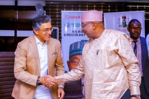 Minister of Agriculture, Abubakar Kyari during a courtesy visit by the World Bank delegation led by the Head, Agriculture Value Chains for Growth (AGROW PROJECT), Hardwick Ichale