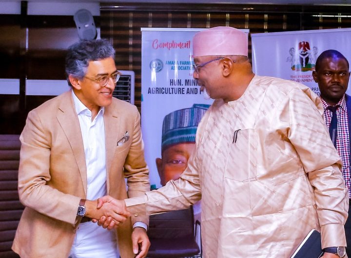 Minister of Agriculture, Abubakar Kyari during a courtesy visit by the World Bank delegation led by the Head, Agriculture Value Chains for Growth (AGROW PROJECT), Hardwick Ichale