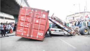 No casualties as 40-ft container overturn on Ojuelegba Bridge, Lagos