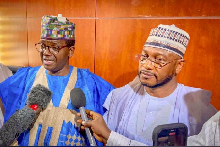 Minister of State for Defence Bello Mohammed Matawalle (L) and Zamfara Governor Dauda Lawal (R)
