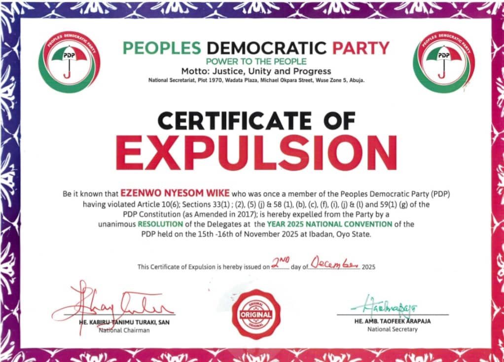 PDP expels Wike issues certificate of expulsion