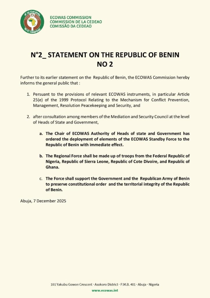 ECOWAS orders immediate deployment of standby force to Benin Republic after foiled coup plot 2
ECOWAS deploys standby force to Benin Republic after coup