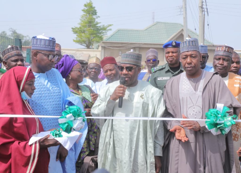 Borno State Governor, Babagana Zulum and the Minister of Education, Dr Maruf Tunji Alausa, during the official commissioning of two newly constructed mega schools in Maiduguri