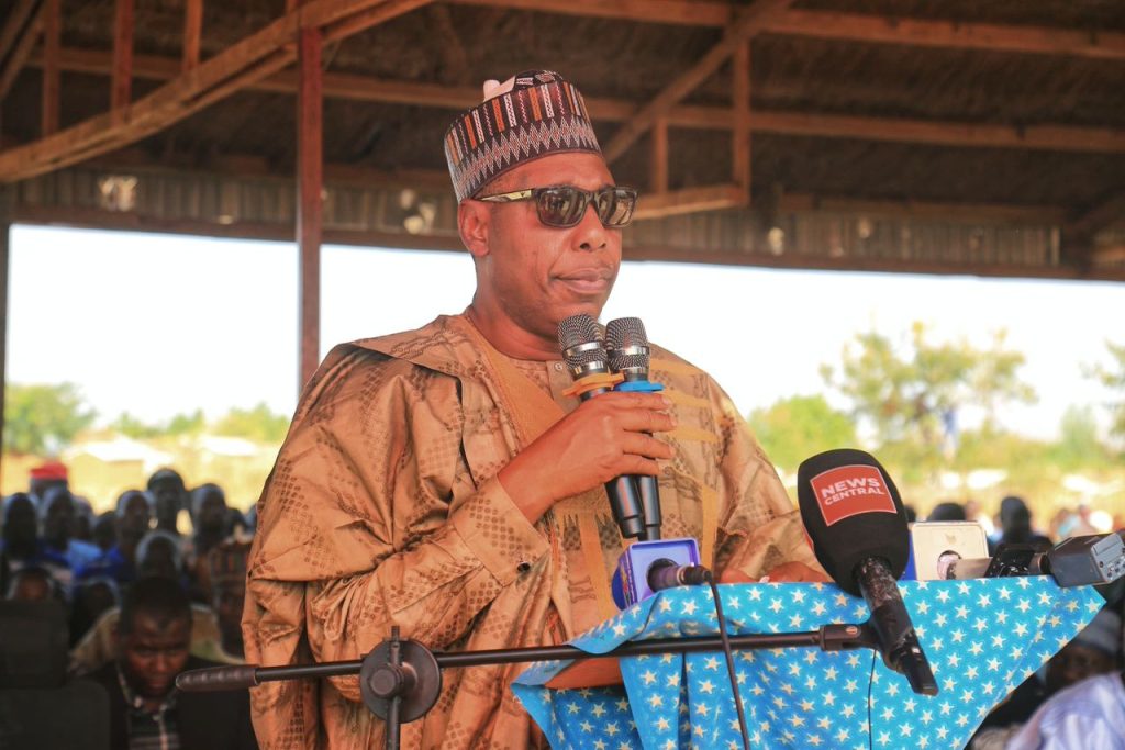 Borno State Governor, Babagana Zulum addressing refugees at the Minawao camp in Cameroon’s Far North region