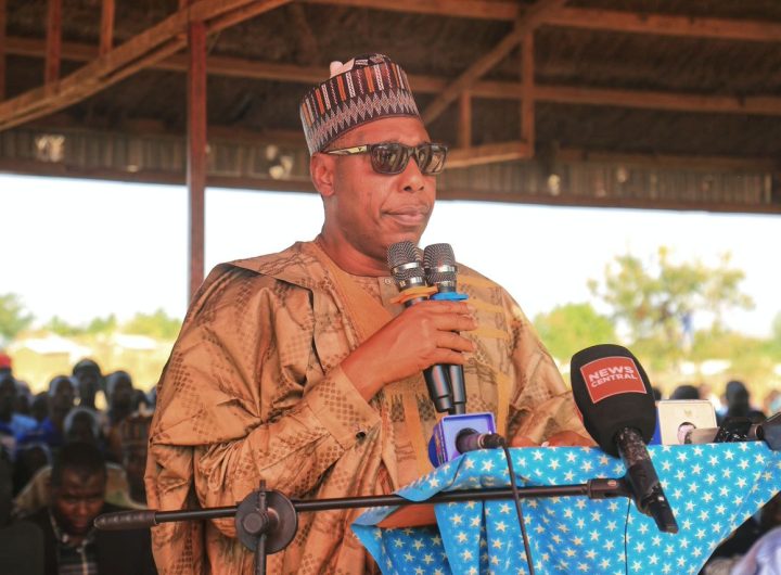 Borno State Governor, Babagana Zulum addressing refugees at the Minawao camp in Cameroon’s Far North region
