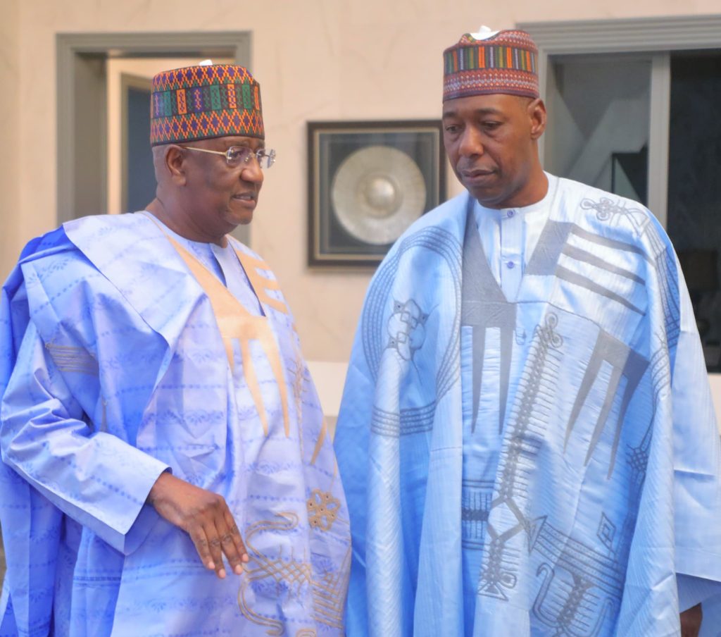Borno State Governor, Babagana Zulum and renowned philanthropist and business magnate, Alhaji Muhammadu Indimi