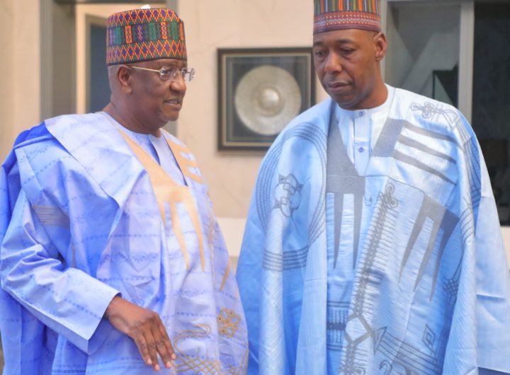 Borno State Governor, Babagana Zulum and renowned philanthropist and business magnate, Alhaji Muhammadu Indimi