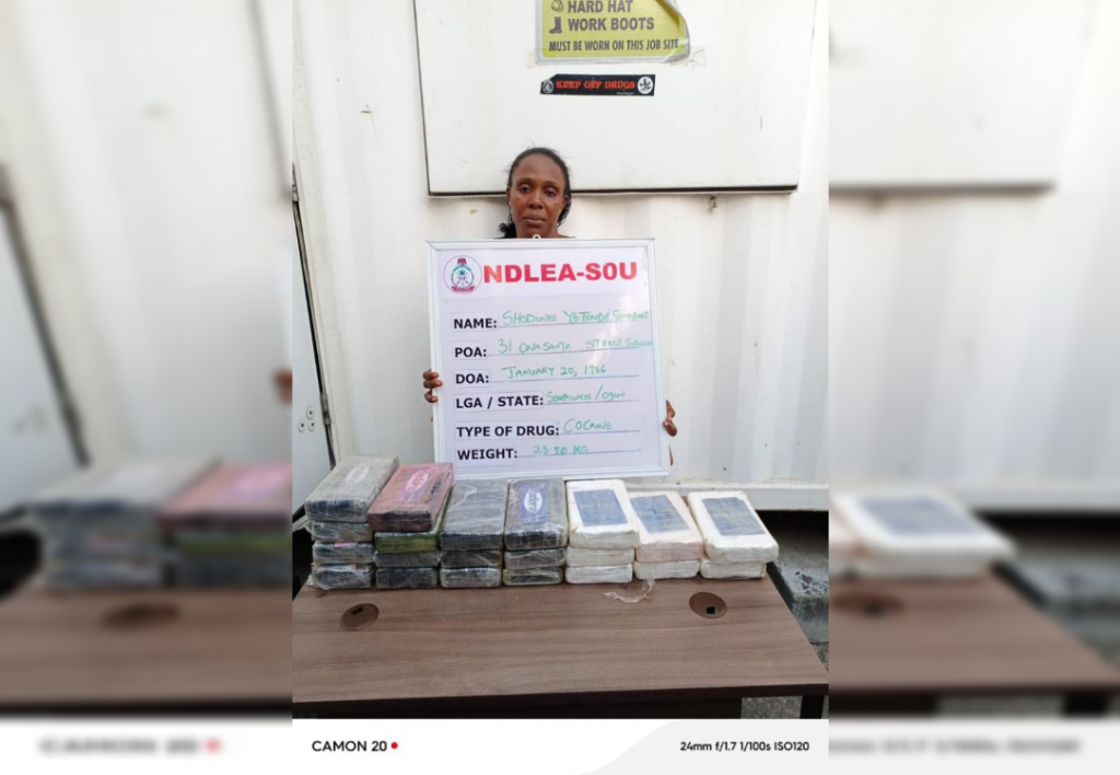 NDLEA arrests female drug kingpin in Lagos with 23.50kg cocaine stashed in her children’s room