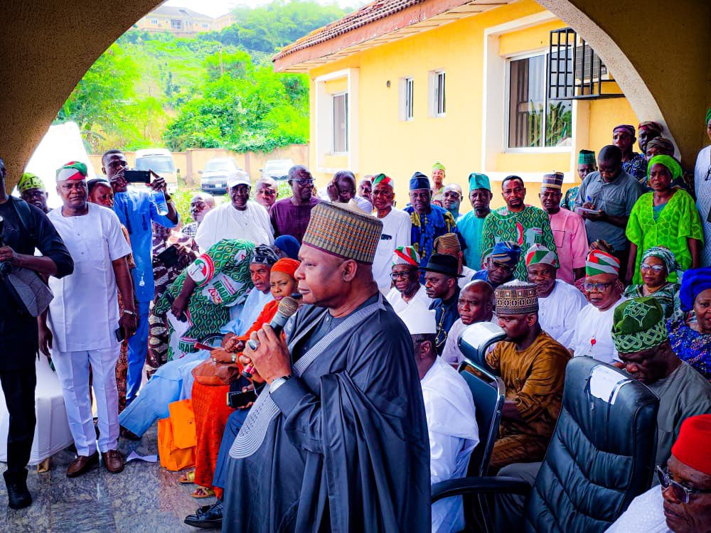 PDP National Chairman, Kabiru Turaki addressing members and supporters at the party's state Secretariat shortly after returning from a visit to former President Olusegun Obasanjo. Photo credit: @OfficialPDPNig