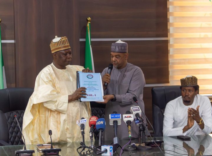 Former PDP Chairman, Ambassador Umar Iliya Damagum, hands over to new Chairman, Kabiru Tanimu Turaki.