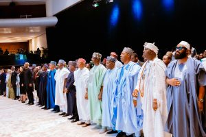 Aliko Dangote, VP Kashim Shettima during the launch of Dangote Foundation scholarship scheme in Lagos