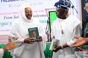 Tinubu Aisha attends Buharis book launch 1