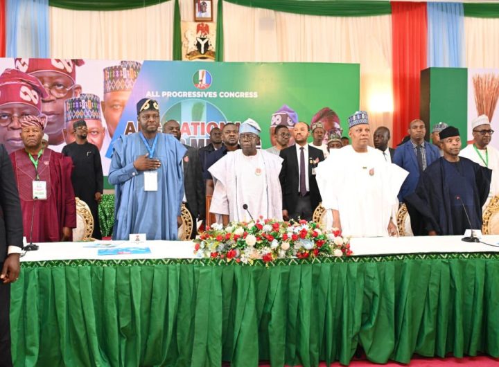 Tinubu, Shettima lead APC leaders to the party’s National Caucus meeting in Abuja