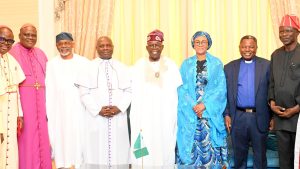 CHRISTIAN ASSOCIATION OF NIGERIA leaders visit President Bola Tinubu and First Lady. From left : Bishop Adegbite Stephen - CAN Chairman Lagos State, Bishop Evans Oyemara, President Bola Tinubu, First Lady Oluremi Tinubu, Rev Dr Stephen Baba Payan, Bishop Francis Wale Oke