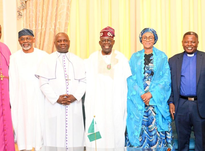 CHRISTIAN ASSOCIATION OF NIGERIA leaders visit President Bola Tinubu and First Lady. From left : Bishop Adegbite Stephen - CAN Chairman Lagos State, Bishop Evans Oyemara, President Bola Tinubu, First Lady Oluremi Tinubu, Rev Dr Stephen Baba Payan, Bishop Francis Wale Oke