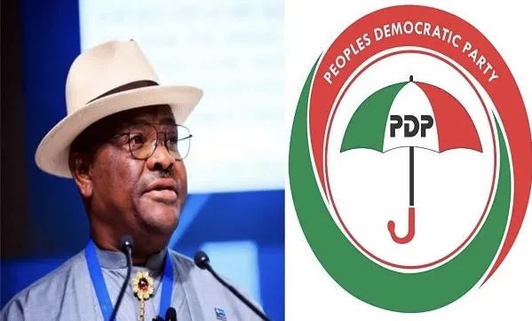FCT Minister Nyesom Wike and PDP logo