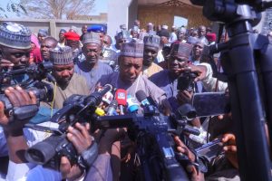 Borno State Governor, Prof. Babagana Zulum addresses newsmen shortly after casting his vote