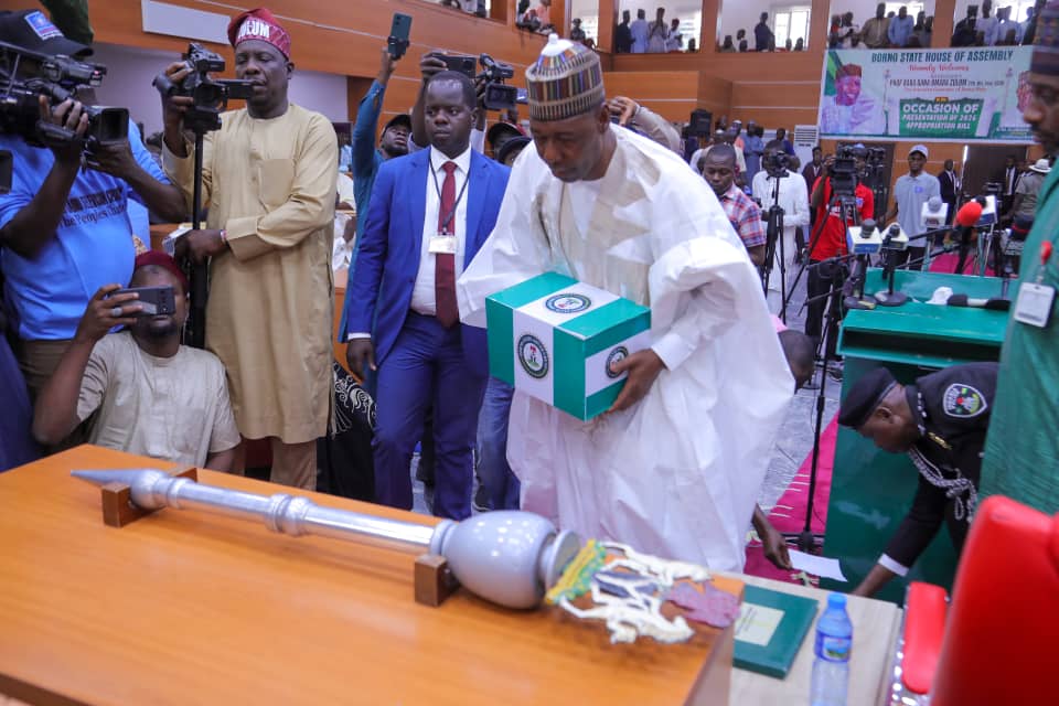 Borno State Governor, Prof. Babagana Zulum presenting the 2026 budget at the floor of the State Assembly on Monday.