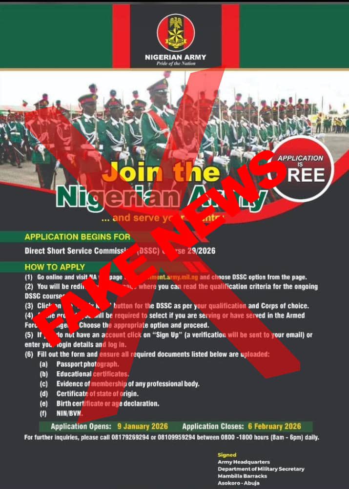 Nigerian Army disowns fake DSSC 29 recruitment advert, warns public against fraudsters 2 nigerian Army fake recruitment