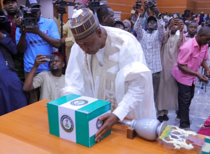 Borno State Governor, Prof. Babagana Zulum presenting the 2026 budget at the floor of the State Assembly on Monday.