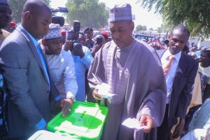 Borno State Governor, Babagana Zulum casting his vote in Ajari II polling unit 006 in Mafa Ward, Mafa LGA of the state
