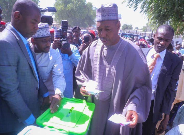 Borno State Governor, Babagana Zulum casting his vote in Ajari II polling unit 006 in Mafa Ward, Mafa LGA of the state