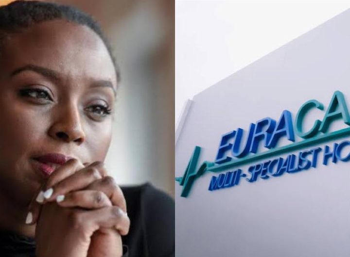 Chimamanda Adichie and logo of Euracare Hospital Lagos