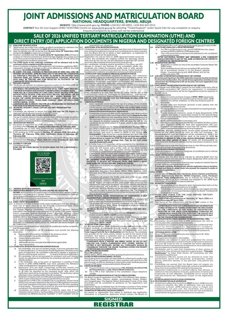 JAMB opens 2026 UTME & Direct Entry registration: Key dates and eligibility details 2 JAMB opens 2026 UTME & Direct Entry registration