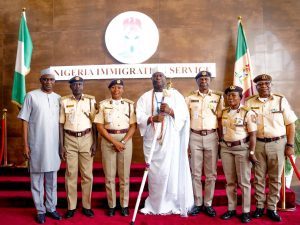 His Imperial Majesty, the Ooni of Ife, Oba Adeyeye Enitan Babatunde Ogunwusi (Ojaja II) was warmly received by the Comptroller-General Immigration Service, Kemi Nandap, and members of her Management Team. Photo credit: @nigimmigration/X