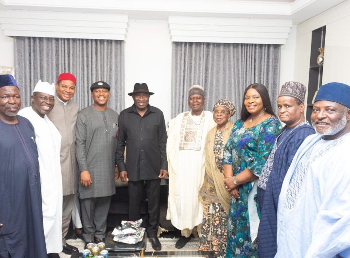 Former President Good luck Jonathan and members of the National Working Committee (NWC) of the party, led by the National Chairman, Dr. Kabiru Tanimu Turaki, SAN, during a high-level consultative meeting held at his private office in Abuja on Tuesday evening. Photo credit: @OfficialPDPNig/X