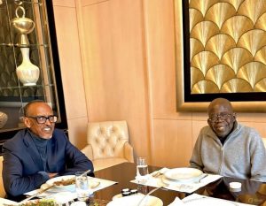 President Bola Tinubu at a private lunch in Paris with the President of the Republic of Rwanda, Paul Kagame, discussing world affairs and advancing Africa. Sunday, January 4, 2026. Photo credit: State House/X