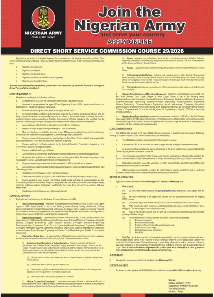 How to apply for Nigerian Army DSSC Course 29/2026 recruitment 2 nigerian Army recruitment