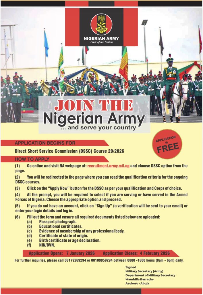 How to apply for Nigerian Army DSSC Course 29/2026 recruitment 1 nigerian Army recruitment.