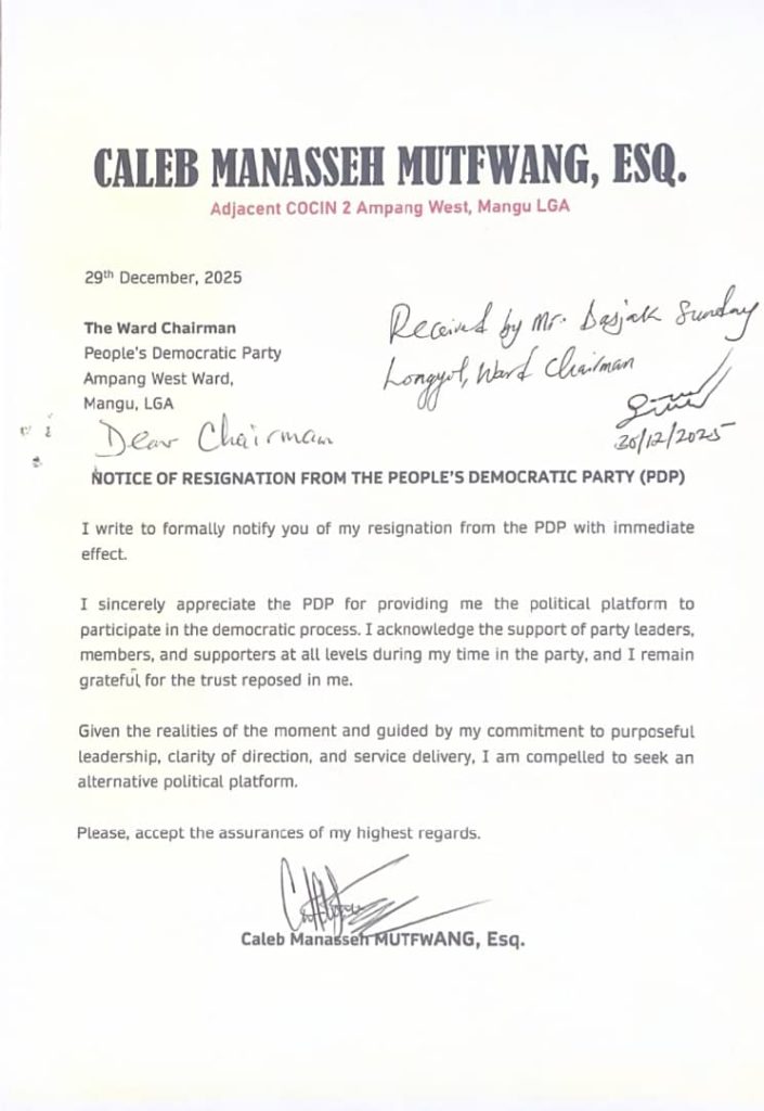 plateau governor Caleb Mutfwang resigns from pdp