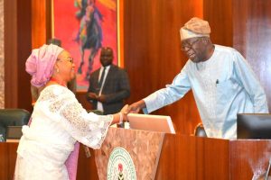 President Tinubu congratulates the new Chairman of Federal Character Commission, Hulayat Omidiran after the President inaugurated the Chairman and Commissioners of Federal Character Commission at the Presidential Villa Abuja on Thursday.
