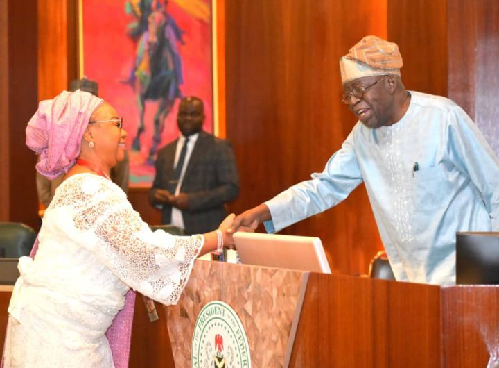President Tinubu congratulates the new Chairman of Federal Character Commission, Hulayat Omidiran after the President inaugurated the Chairman and Commissioners of Federal Character Commission at the Presidential Villa Abuja on Thursday.