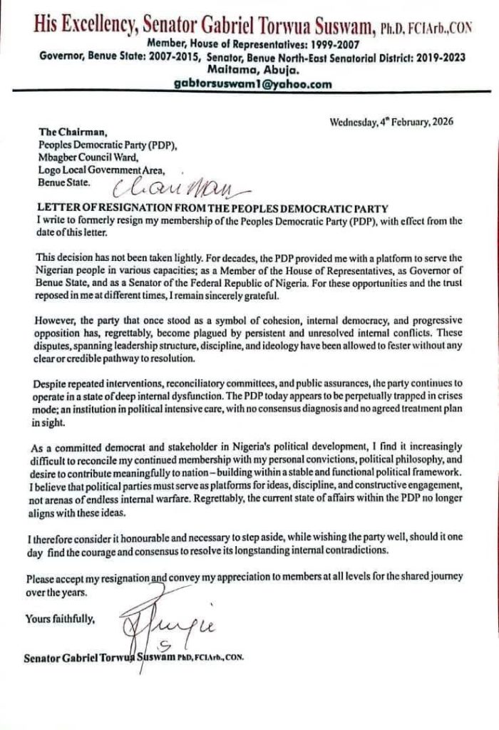 Suswam dumps PDP, says party is “in political intensive care” 2 20260204 134426