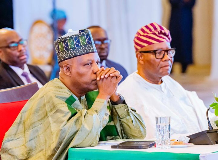 VP Kashim Shettima and representative of President Bola Tinubu (Senate President Godswill Akpabio) during the NEC Conference in Abuja. Photo credit: State House Abuja