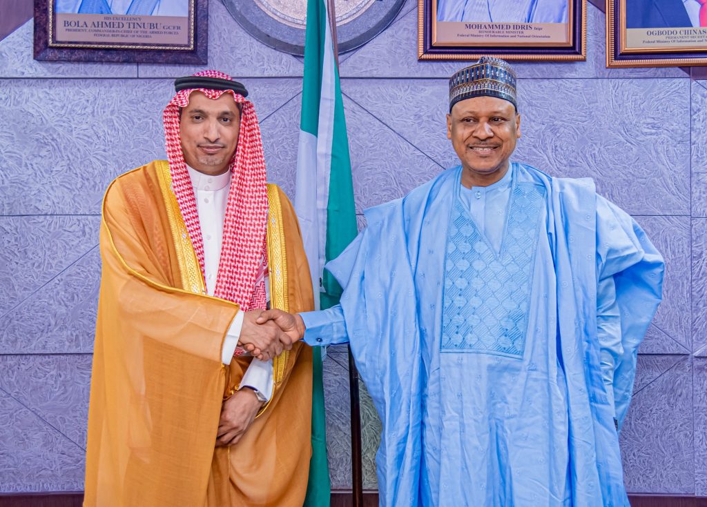 Ambassador of the Kingdom of Saudi Arabia to Nigeria, Yosef Bin Mohammed Al Balawi and the Minister of Information and National Orientation, Mohammed Idris during a courtesy visit in Abuja