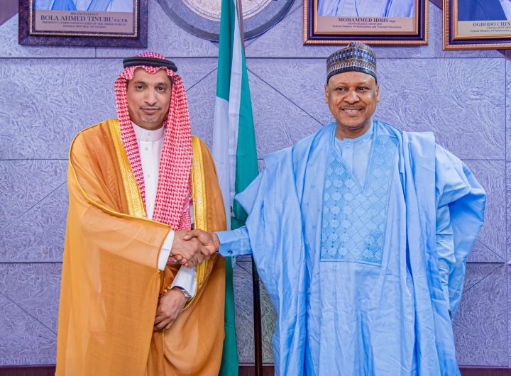 Ambassador of the Kingdom of Saudi Arabia to Nigeria, Yosef Bin Mohammed Al Balawi and the Minister of Information and National Orientation, Mohammed Idris during a courtesy visit in Abuja