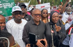 Peter Obi joins protesters at National Assembly