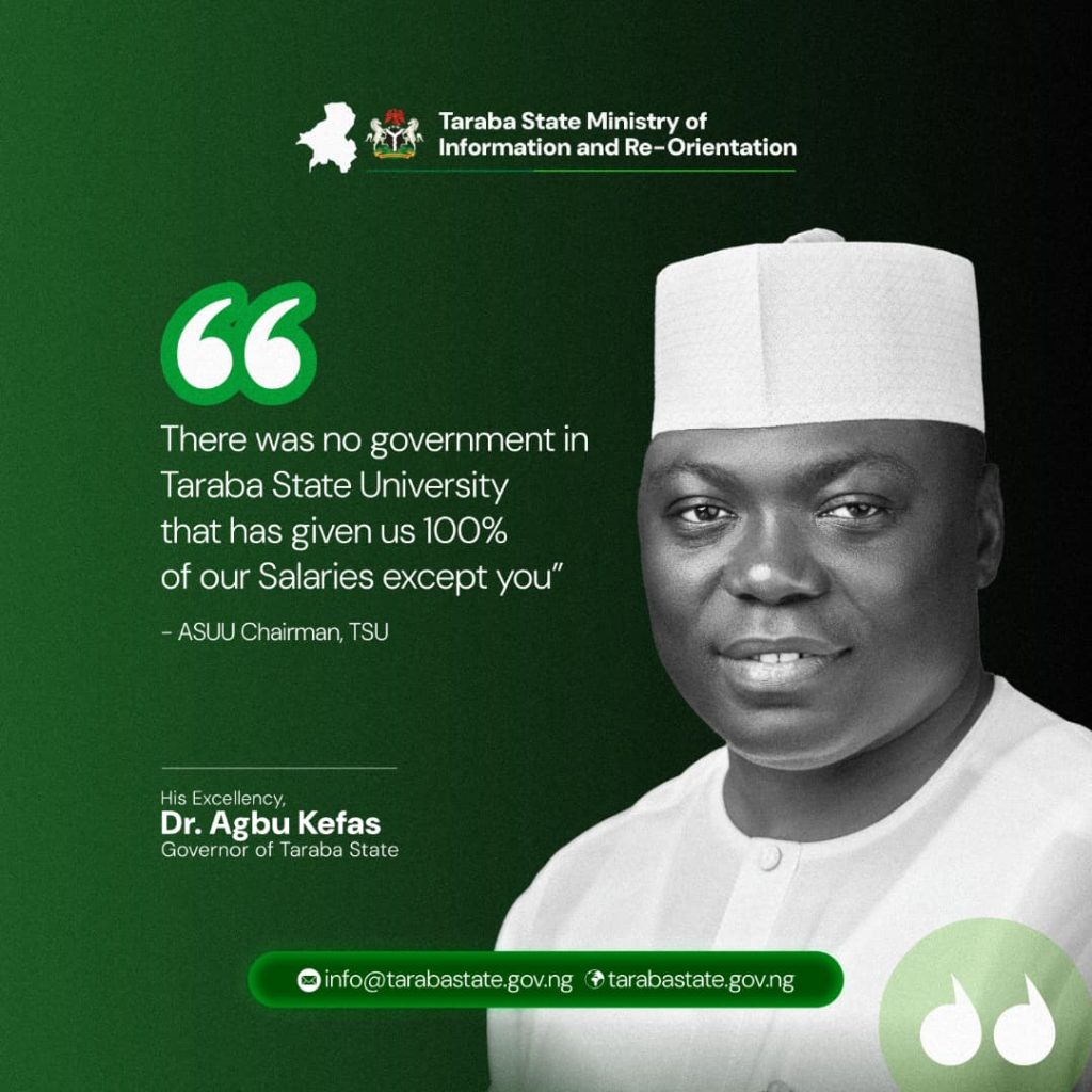 ASUU praises Taraba Governor Kefas for full salary payments amid strike
