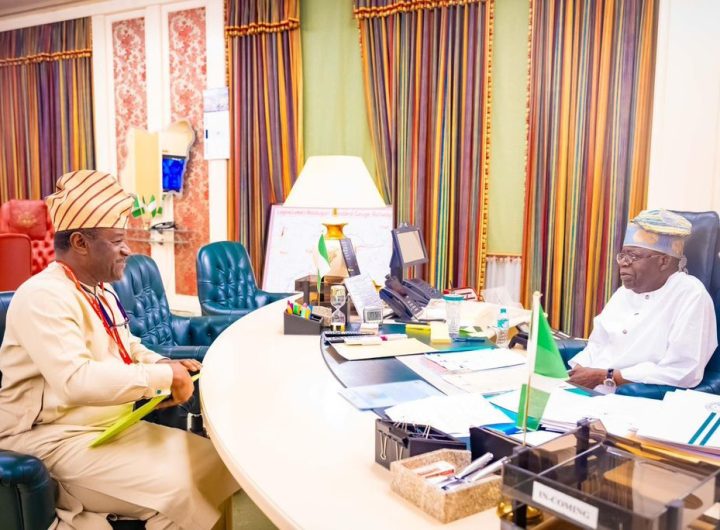 Managing Director/CEO of Nigerian Education Loan Fund (NELFUND), Mr. Akintunde Sawyerr during a courtesy visit to President Bola Tinubu at the Presidential Villa Abuja