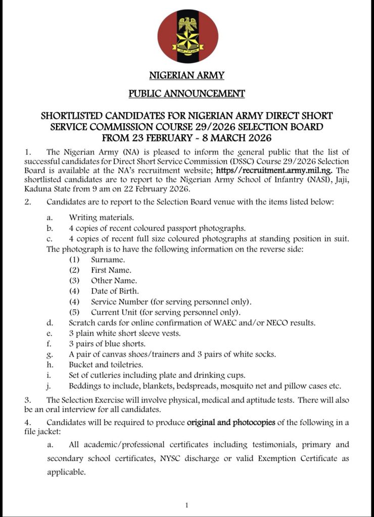 nigerian Army recruitment list