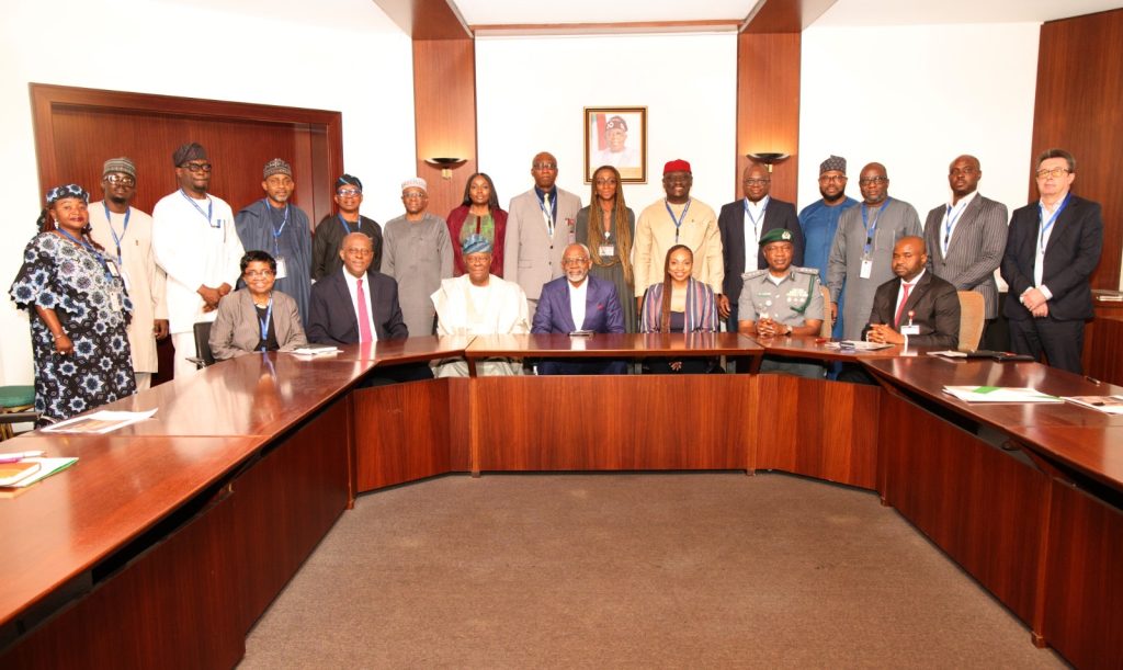 Front Row Seated, L-R: DG NAFDAC, Prof. Mojisola Adeyeye, CBN Governor, Mr. Yemi Cardoso, Minister of Finance & Co-ordinating Minister of the Economy, Mr. Wale Edun, Chief of Staff to the President, Femi Gbajabiamila, Minister of Industry, Trade & Investment, Dr. Jumoke Oduwole, Comptroller General of Customs, Bashir Adewale Adeniyi, Executive Chairman Nigeria Revenue Service, Zacch Adedeji, in a Group Photograph with other Executive Stakeholders on National Single Window Project, at the State House Abuja. Wednesday 4th March, 2026
