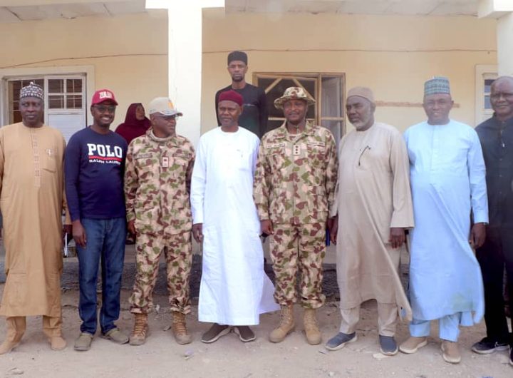 Borno State Government delegation led by Commissioner for Local Government and Emirate Affairs, Alhaji Sugun Mai Mele, during a condolence visit to Kukawa following the insurgent attack that claimed the life of Lt. Col. Umar Faruq.