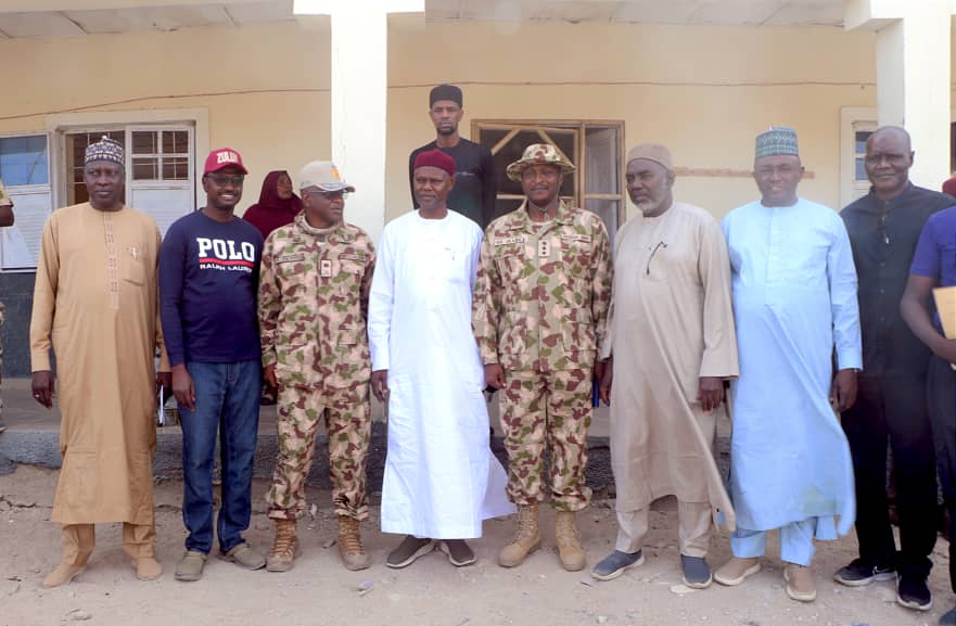 Borno State Government delegation led by Commissioner for Local Government and Emirate Affairs, Alhaji Sugun Mai Mele, during a condolence visit to Kukawa following the insurgent attack that claimed the life of Lt. Col. Umar Faruq.