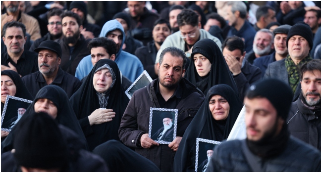 People mourn the death of Iran’s supreme leader Ayatollah Ali Khamenei, who was killed in joint US and Israeli strikes