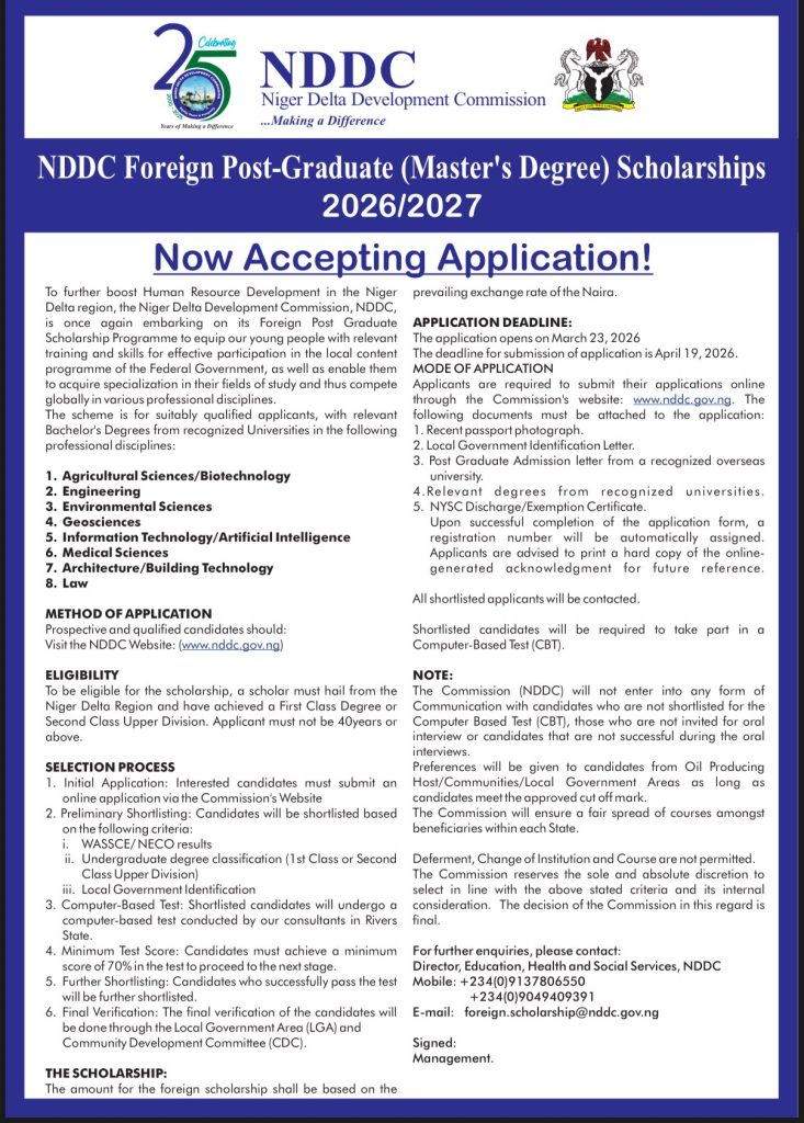 How to apply for 2026/2027 NDDC Foreign Master’s Postgraduate Scholarship 2 Nddc foreign master scholarship