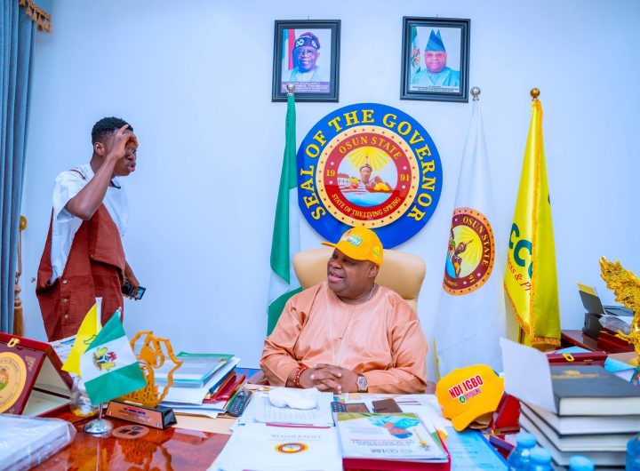 PHOTONews: Nigerian streamer, Peller interviews Osun Governor, Ademola Adeleke in his office